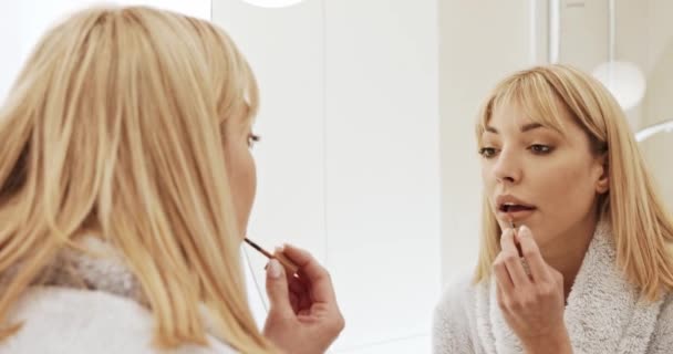 Morning Makeup Woman Paints Her Lips Lipstick Young Woman Dressed — Stock Video