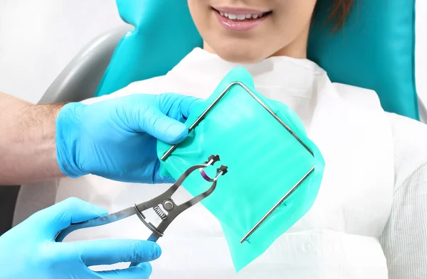 Root canal treatment, rubber separator - dental dam — Stock Photo, Image