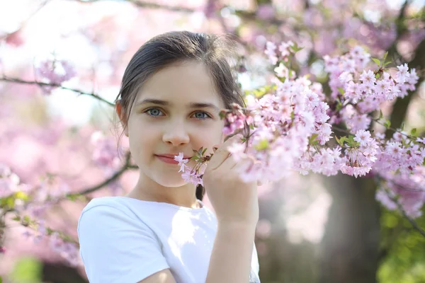 Miluji jaro! Dívka, vůně Třešňové květy — Stock fotografie