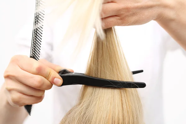 Medium-length hair, the woman at the hairdresser Stock Image
