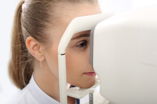 An eye exam, the patient in ophthalmology clinic
