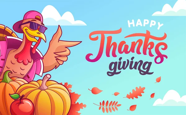 Bannière de Thanksgiving heureuse avec dinde et citrouilles à la mode — Image vectorielle