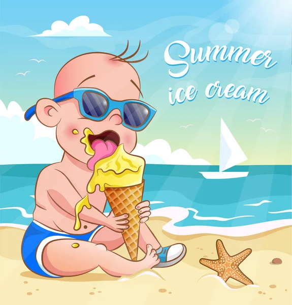 Cool kid in sunglasses eats ice cream on the beach — Stock Vector