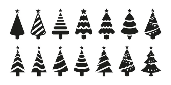 Zwarte Vector Iconen Van Kerstbomen Geïsoleerd Witte Achtergrond Zwarte Silhouetten — Stockvector