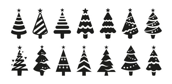 Zwarte Vector Iconen Van Kerstbomen Geïsoleerd Witte Achtergrond Zwarte Silhouetten — Stockvector