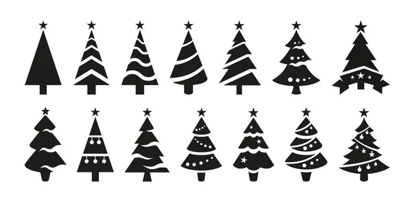 Zwarte Vector Iconen Van Kerstbomen Geïsoleerd Witte Achtergrond Zwarte Silhouetten — Stockvector