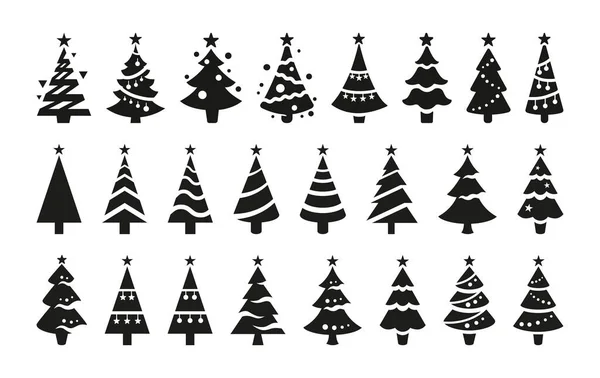 Beyaz arka planda izole edilmiş siyah Noel ağaçlarının simgeleri. Siyah siluetler stilize noel ağaçlarının tepesinde yıldızlar var..