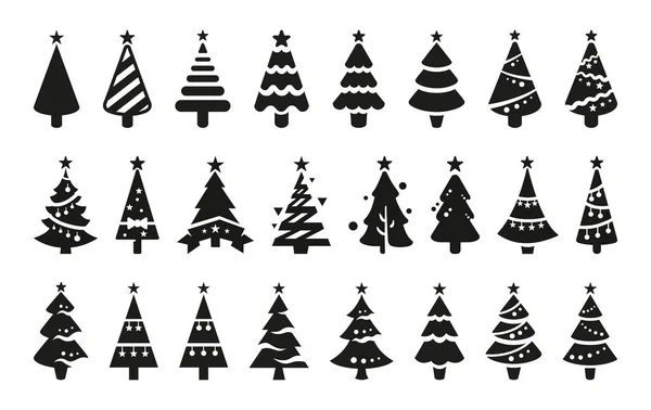 Beyaz arka planda izole edilmiş siyah Noel ağaçlarının simgeleri. Tepesinde yıldızlar olan siyah noel ağaçlarının siluetleri. Büyük vektör kümesi.