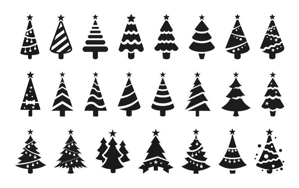 Черные векторные иконы рождественских деревьев выделены на белом фоне. Черные силуэты рождественских деревьев со звездами наверху. Большой векторный набор для украшения.