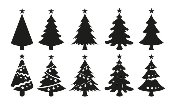 Beyaz arka planda izole edilmiş noel ağaçlarının siyah simgeleri. Tepesinde yıldızlar olan siyah noel ağaçları siluetleri..