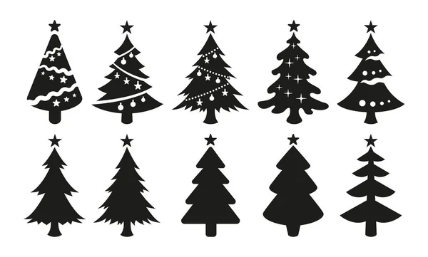 Zwarte Vector Pictogrammen Van Kerstbomen Geïsoleerd Witte Achtergrond Grote Set — Stockvector