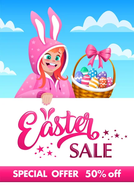 Osterverkauf Banner mit Hasenmädchen und Ostereiern — Stockvektor