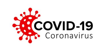 Covid-19 Coronavirus logosu. Kırmızı koronavirüs bakteri ikonlu vektör pankartı ve kırmızı ve siyah renkli Covid-19 koronavirüsü imzalayın. Tıbbi uygulamalar ve web siteleri için resim.