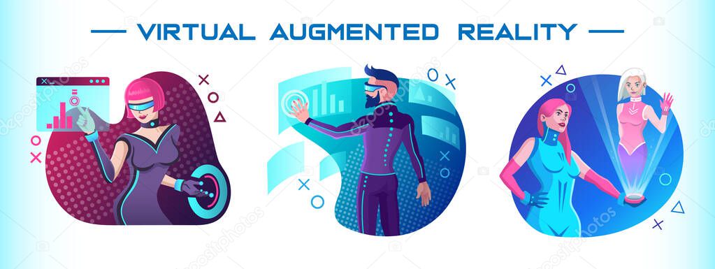 Augmented reality and people. Set of three futuristic vector illustrations.