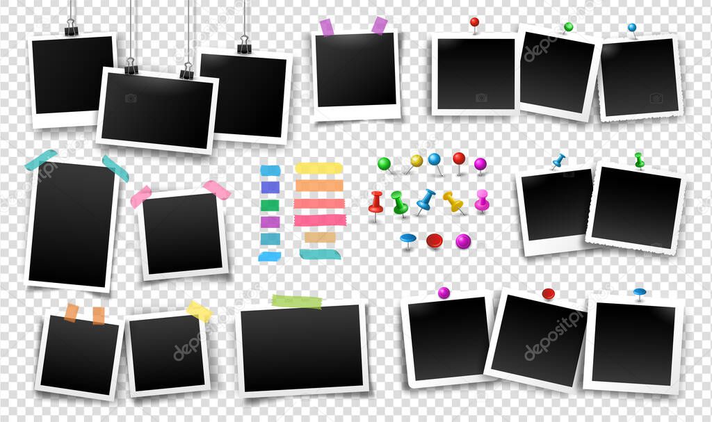 Photo frames fixed with sticky tape, push pins, thumbtacks and binder clips. Big vector set