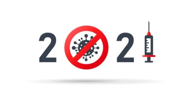 2021 covid-19 serbest yıl. Şekillendirilmiş numaraları olan vektör logosu. Coronavirus 'a karşı aşılı şırınga. Kırmızı dairedeki virüs molekülü. Biçimlendirilmiş vektör pankartı.