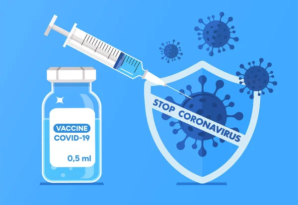 Σταμάτα τον κορωνοϊό. Εμβόλιο Covid-19. Φιάλη και σύριγγα με εμβόλιο. Ιατρικό πανό — Διανυσματικό Αρχείο