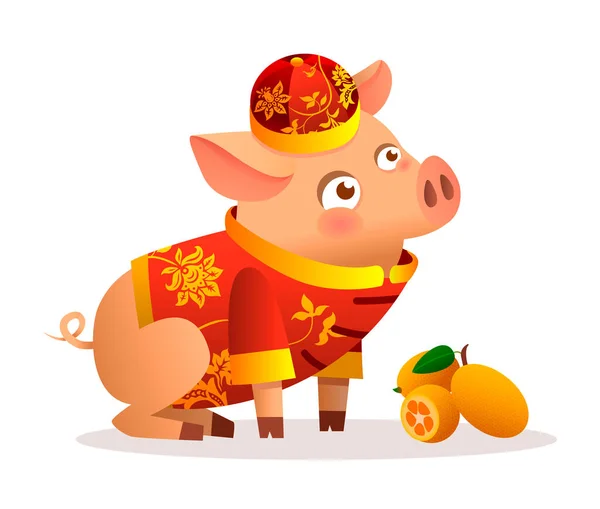 Čínská Malá Prase Kreslený Charakter Design Tradiční Čínský Červený Kostým — Stockový vektor