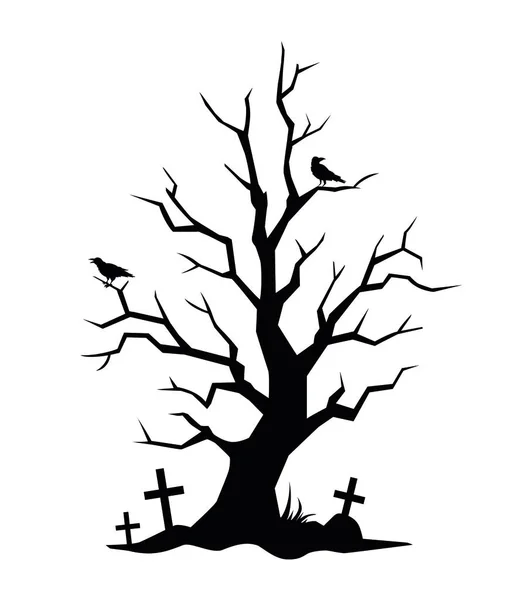 Horreur Silhouette Arbre Halloween Avec Des Corbeaux Des Tombes Illustration — Image vectorielle