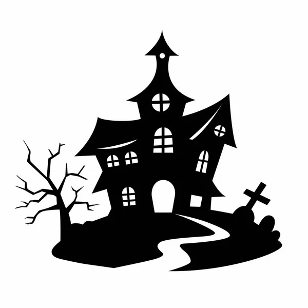 Horror Halloween Heksenhuis Silhouet Met Boom Graven Vector Illustratie Van — Stockvector