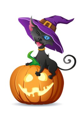 Cadı şapkalı kara kedi cadılar bayramı balkabağına oturur ve dilini gösterir. Beyaz arkaplanda izole edilmiş cadılar bayramı dekorasyonları için vektör illüstrasyonu. Tebrik kartı veya poster için resim