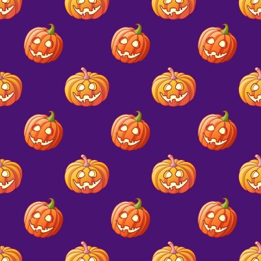 Cadılar Bayramı balkabakları mor arka planda pürüzsüz bir desen oluşturuyor. Cadılar bayramı balkabağı desenli komik bir karikatür. Cadılar Bayramı teması