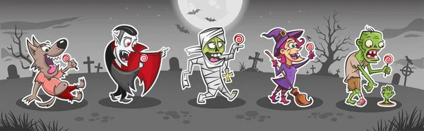 Halloween Desenhos Animados Monstros Adesivos Conjunto Lobisomem Vampiro Drácula Múmia — Vetor de Stock