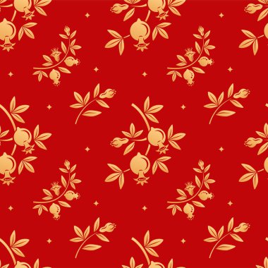 Çin kepekli çiçekli, dikişsiz vektör deseni. Nar meyvelerinin altın siluetleri, yapraklar, kırmızı arka planda çiçekler. Doğulu, Japon, Asyalı vektör geçmişi. Sonsuz yazdırma dokusu.