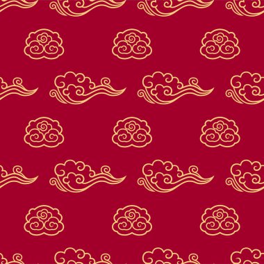 Çin çiçeksiz vektör deseni. Altın gökyüzü kırmızı arkaplanda süsleme elementlerini bulutlandırır. Doğulu, Japon, Asya 'nın geleneksel geçmişi. Sonsuz yazdırma dokusu.