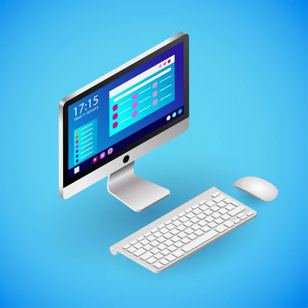 Realistic desktop PC in isometry. Vector isometric illustration of electronic device, desktop computer — Stock Vector