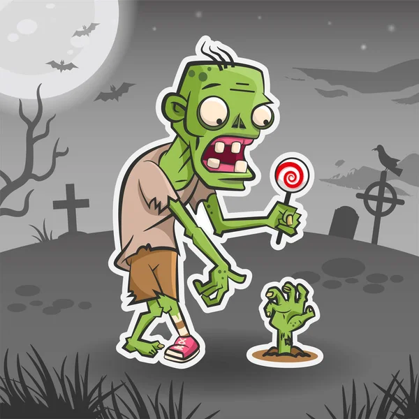 Personaggio dei cartoni animati zombie. Adesivo Halloween. Mostro di Halloween. Illustrazione vacanza vettoriale per adesivi — Vettoriale Stock