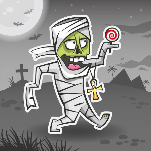 Zeichentrickfigur Mumie. Halloween-Sticker. Halloween-Monster. Vektor Urlaub Illustration für Aufkleber — Stockvektor