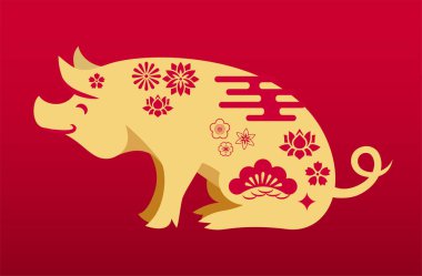 Çin çiçek süsüyle Çin domuzu çizimi. Sırtında dekoratif Asya unsurları olan domuzun altın ikonu. Kırmızı gradyanı olan bir arka plan. Çin burç sembolü dekorasyon için