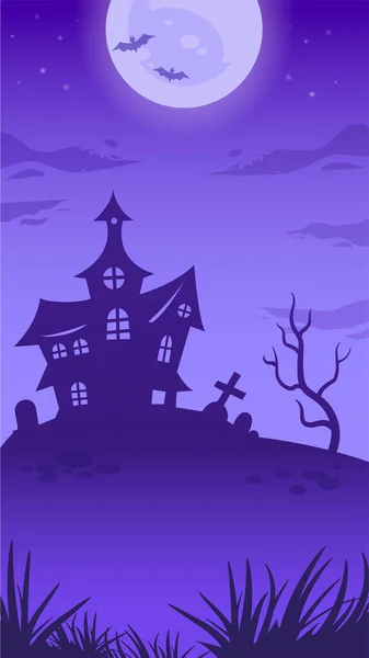Iullustração da noite de Halloween com lua cheia, casa de bruxas, lápide, árvore do mal e morcegos —  Vetores de Stock