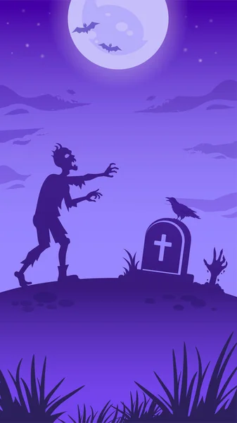Halloween nacht illustratie met grote gloeiende maan, wandelen dood, grafsteen en zombie hand — Stockvector