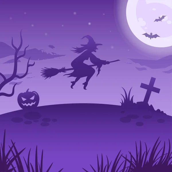 Illustration de nuit d'Halloween avec grande lune brillante, sorcière volante, citrouille, tombe et chauves-souris — Image vectorielle