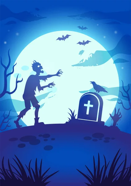 Ilustração da noite de Halloween com grande lua brilhante, mortos-vivos, lápide e mão zumbi — Vetor de Stock