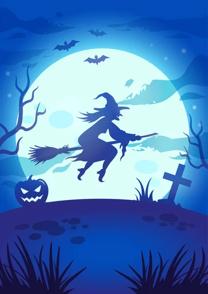 Büyük parlayan ay, uçan cadı, balkabağı, mezar ve yarasalarla Cadılar Bayramı çizimi — Stok Vektör