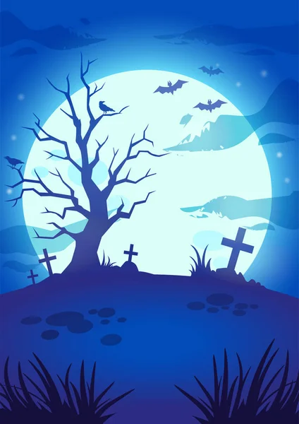 Illustrazione notturna di Halloween con grande luna incandescente, pipistrelli volanti, albero spaventoso, tombe e croci — Vettoriale Stock