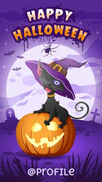 Šťastný Halloween Černá Kočka Čarodějnickém Klobouku Sedí Halloweenské Dýni Ukazuje — Stockový vektor