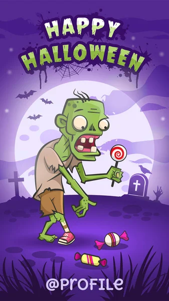 Fijne Halloween Zombie Met Snoeplolly Halloween Verhalen Sjabloon Enge Nacht — Stockvector