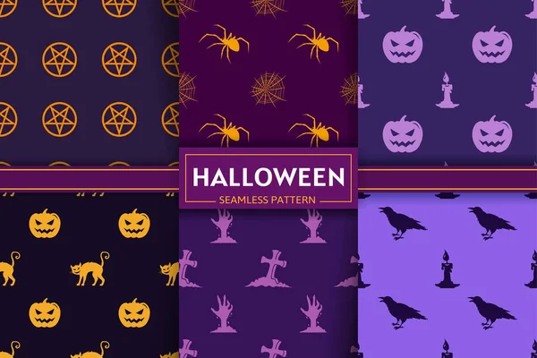 Halloween nahtlose Musterkollektion mit Spinne, Kürbis, Katze, Fledermaus, Grab, Zombie-Handsilhouetten — Stockvektor