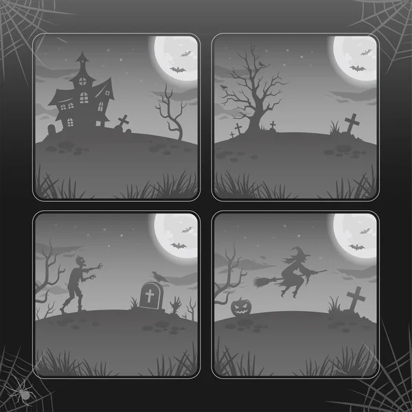 Sfondi notte di Halloween, illustrazioni in toni di grigio. Collezione. Luna incandescente, zombie, strega — Vettoriale Stock