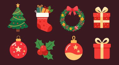 Noel eşyaları çizimi. Noel için vektör seçimi. Noel özellikleri ve nesneler.