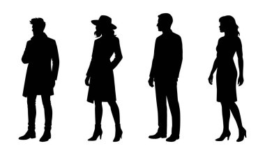 Modaya uygun erkek ve kadın siluetleri. Modaya uygun giysiler içinde ayakta duran insanların düz çizimleri..