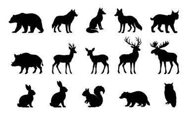 Orman hayvanları siluetleri hazır. Vahşi hayvanların düz vektör çizimleri.