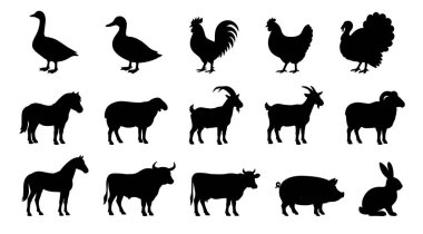 Çiftlik hayvanları siluetleri hazır. Çiftlik hayvanlarının düz vektör çizimleri.
