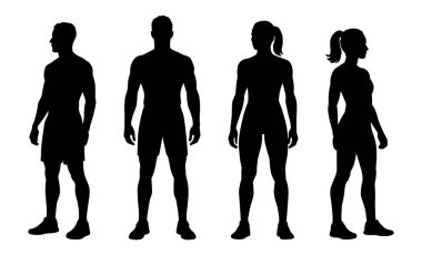 Formda erkek ve kadın siluetleri hazır. Sportif erkek ve kadın figürlerinin düz çizimleri.