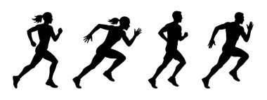 Koşan adam ve kadın siluetleri. Vektör ayarlandı. Erkek ve dişi koşucular şekil alırlar. Çıplak ve çıplak, zayıf, sağlıklı insanlar spor yapar.