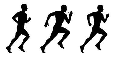 Koşan adam siluetleri. Vektör ayarlandı. Erkek koşucular şekil alırlar. Çıplak ve çıplak, zayıf, sağlıklı insanlar spor yapar..